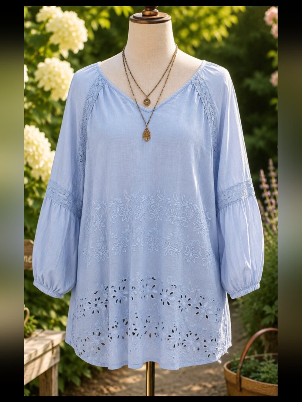 Light Blue Embroidered Cotton Peasant Top - Women Pit 23 Lenght 27
